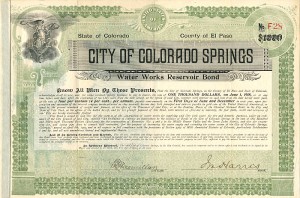 City of Colorado Springs Water Works Reservoir Bond - $1000